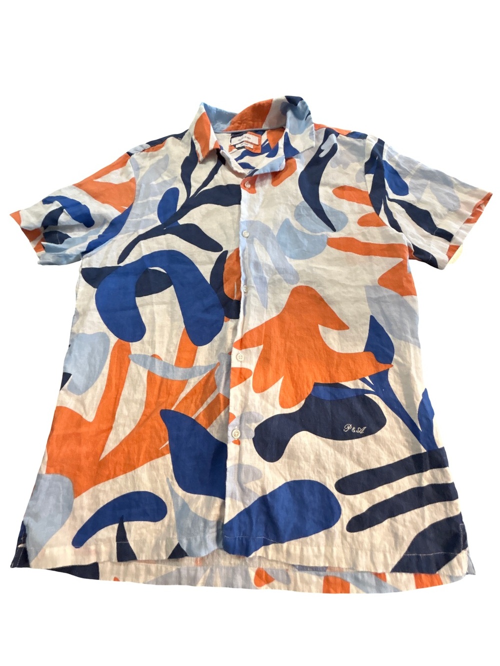Porter & Ash 100% Linen Abstract Matisse Print Short Sleeve Button Up Shirt Med